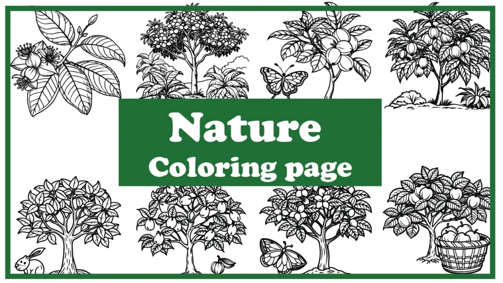 Kids nature coloring page with trees, sun, and animals – free printable PDF for children
