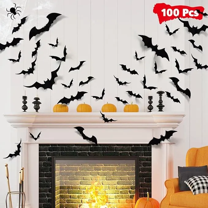 LUDILO 100pcs Bats Halloween Decorations: Halloween Bats Wall Décor Bat Stickers Decals PVC 3D Wall Bat Scary Stickers Halloweens Party Decorations Indoor Outdoor DIY Home Window Door Décor