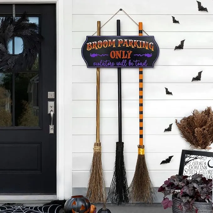 Halloween Decorations - Halloween Decor - Broom Parking Sign with 3 Wooden Witches Brooms - Cute Hocus Pocus Front Porch Wall Decor for Indoor Outdoor Home Office Party Decoration