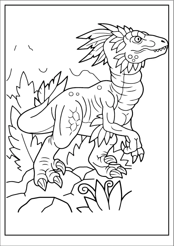 Smiling cartoon dinosaur in a jungle – free printable dinosaur coloring page for kids