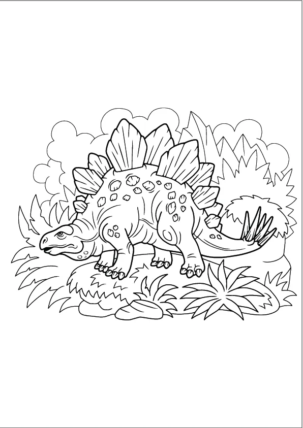 Smiling cartoon dinosaur in a jungle – free printable dinosaur coloring page for kids