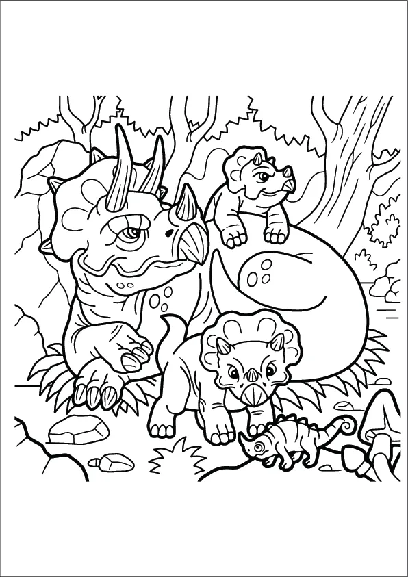 Smiling cartoon dinosaur in a jungle – free printable dinosaur coloring page for kids