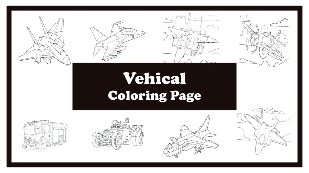 Printable vehicle coloring page with cartoon car, truck, and airplane – free PDF for kids