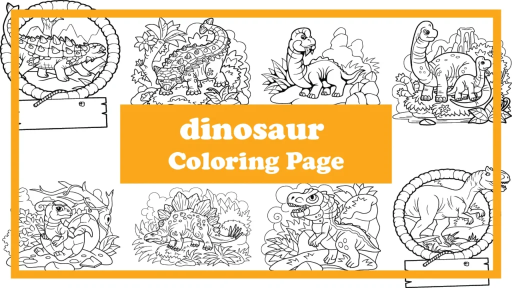 Smiling cartoon dinosaur in a jungle – free printable dinosaur coloring page for kids