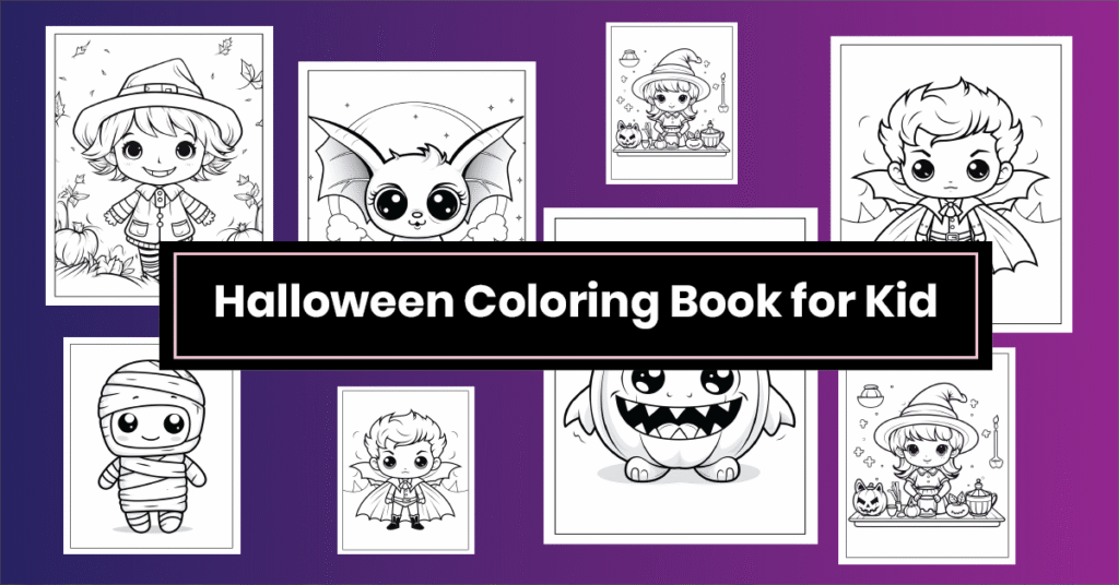 Printable Halloween coloring book for kids with cute ghosts, pumpkins, and witches in fun line-art designs