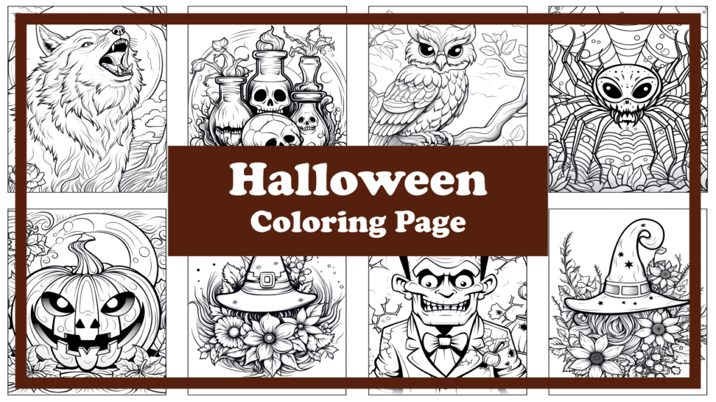 Halloween coloring page featuring pumpkins, ghosts, and haunted house in black-and-white line art for printing and coloring