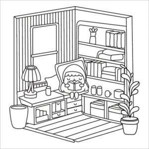 Cozy themed adult coloring page – free printable PDF download