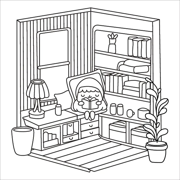 Cozy themed adult coloring page – free printable PDF download