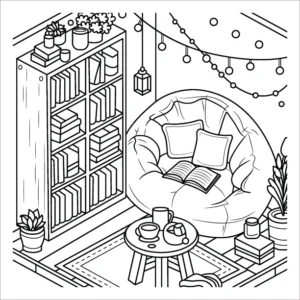 Cozy themed adult coloring page – free printable PDF download