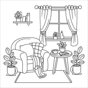 Cozy themed adult coloring page – free printable PDF download