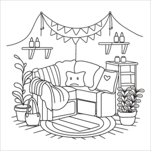 Cozy themed adult coloring page – free printable PDF download