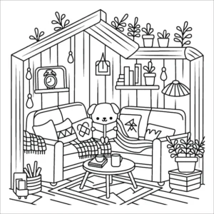 Cozy themed adult coloring page – free printable PDF download
