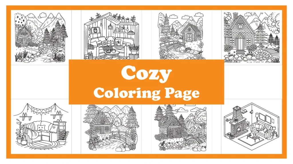 Cozy themed adult coloring page – free printable PDF download