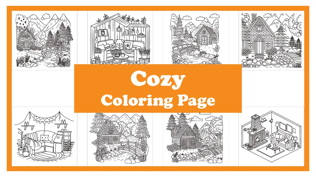 Cozy themed adult coloring page – free printable PDF download