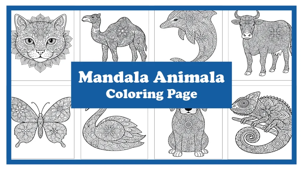 Mandala animal coloring page for adults – intricate lion, elephant, and owl designs in black-and-white line art