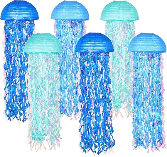 10" Blue Hanging Jellyfish Paper Lanterns - Under The Sea Party & Mermaid Birthday Decorations, Baby Shower, Nautical Events, Ocean Theme Classroom & Beach Room Decor (Set of 6)