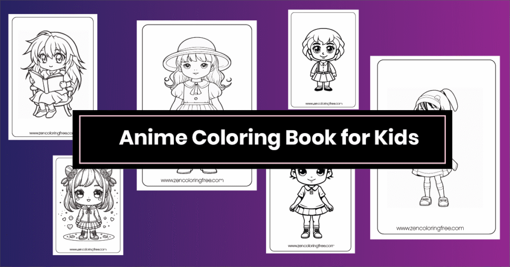 Anime coloring book for kids – printable PDF with cute anime characters in black-and-white line art