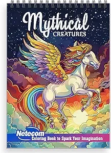 Netecom Mythical Creatures Adult Coloring Book Spiral Bound, Softcover, 30 Enchanting Coloring Pages of Mystical Creatures Including Phoenix, Mermaids, and Griffins for Stress Relief and Relaxation