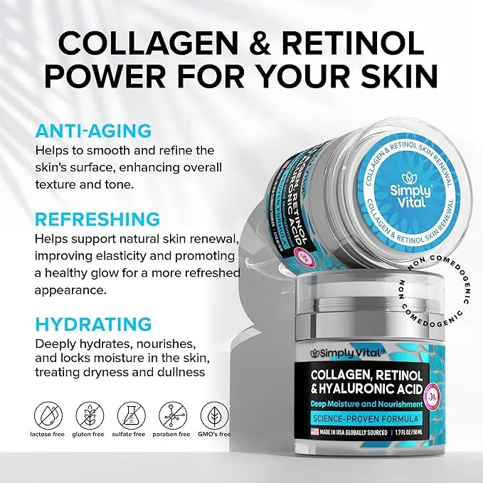 SimplyVital Collagen, Retinol & Hyaluronic Acid Cream - Anti-Aging Face Moisturizer for Face, Firming Skin Care Neck & Décolleté - Made in USA, Daily Moisturizer Face Cream Day & Night - 1.7 fl.oz.