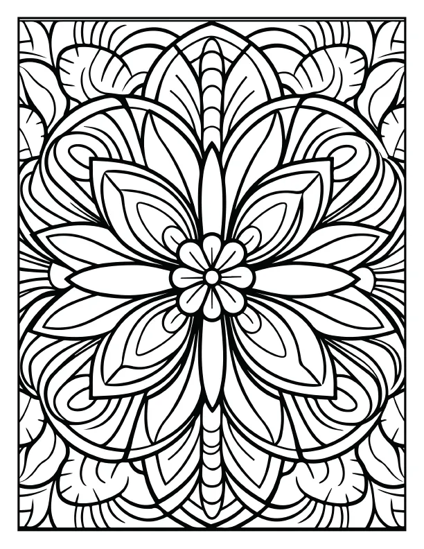 Detailed geometric mandala coloring page for stress relief