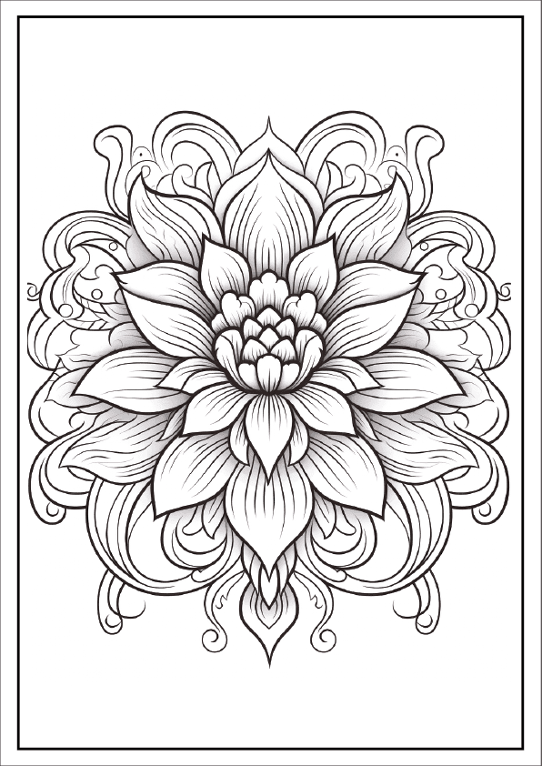 Mandala flower coloring page featuring a radiating sunflower design for adults.