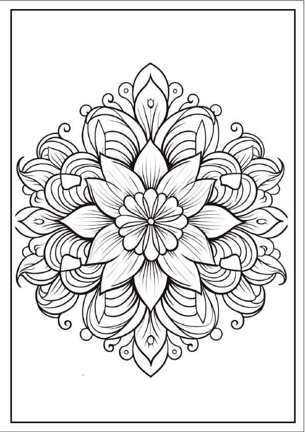 Graceful zinnia burst mandala, Letter size high-resolution coloring page.