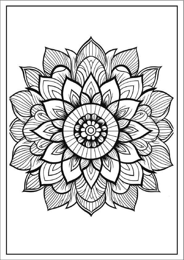 Floating water lily mandala coloring page, peaceful floral art for adults.