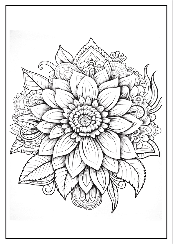 Detailed layered aster star mandala, unique floral art for adults.