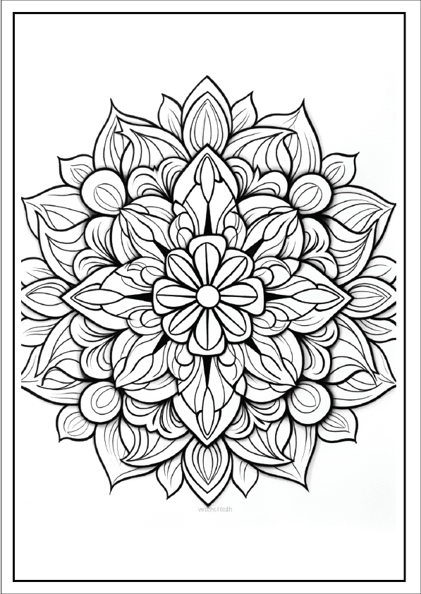 Starburst lily flower mandala art, high-resolution line art for coloring.