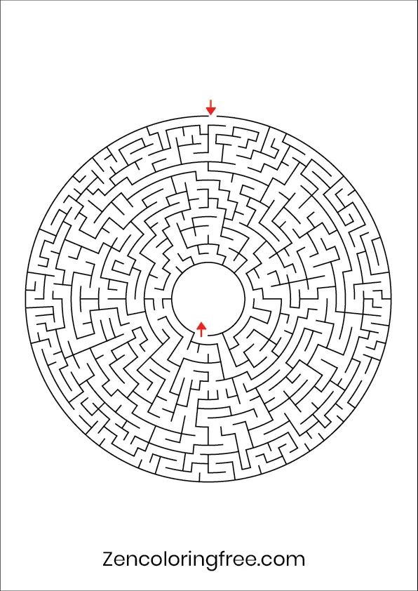 A simple, black and white circular maze puzzle for beginners, page 1 of the printable book with minimalist borders.