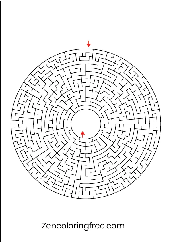 Page 10 of the printable circular maze book, featuring an intricate, difficult round puzzle intended for advanced solvers and deep focus.