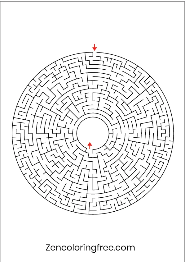 The fifth page of the printable circular maze book, displaying complex concentric paths designed for deep focus and relaxation.