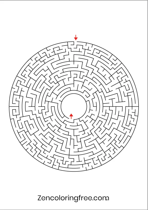 Page 4 of the circular maze puzzle book, featuring a progressive difficulty round labyrinth that requires strategic logic to solve.